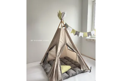 Wigwam with two double doors (inside gray) and a window, 1 cloud pillow olive, coarse gray rug, garland of flags (olive/grey/white)